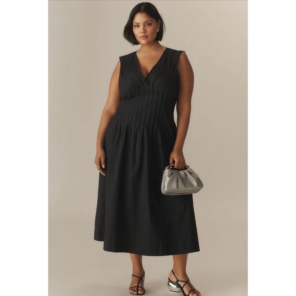 Anthropologie Maeve Midi Dress Black Hailey V Neck Pintuck Preppy Large P NWT